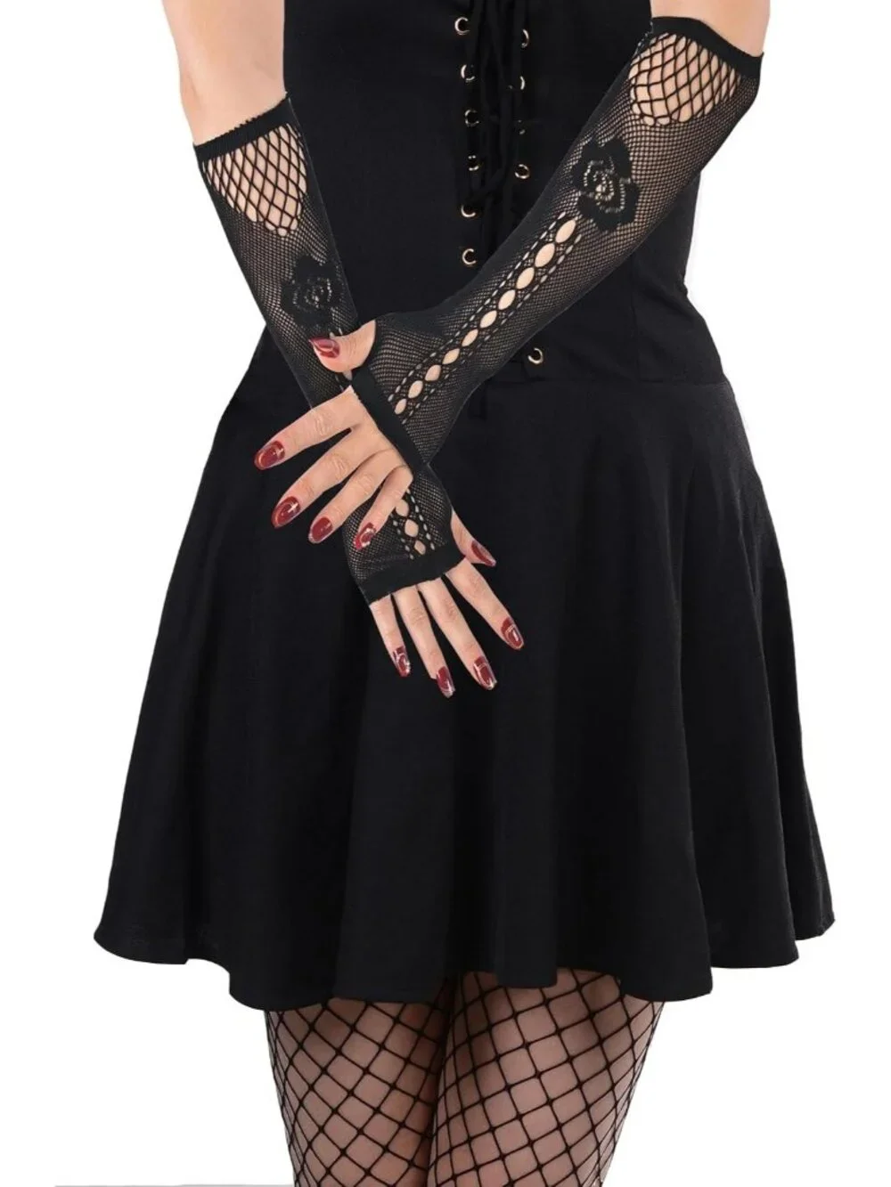 Women's Black Long Rose Pattern Fishnet Fingerless Gothic Cosplay Gloves
